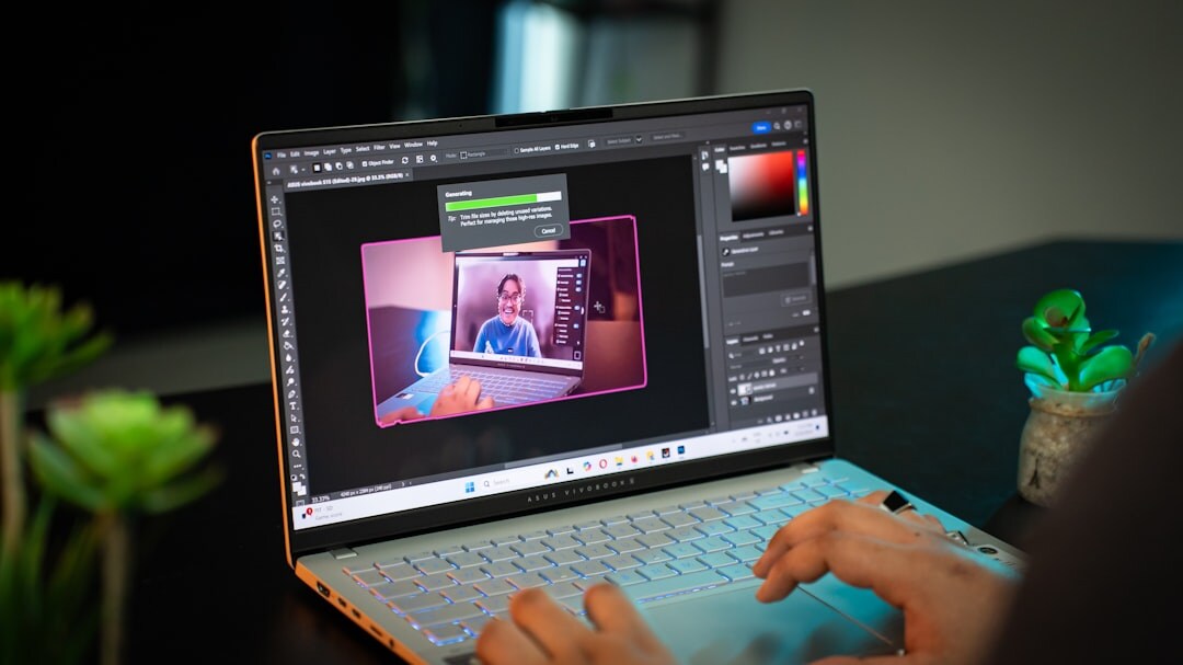 Photo editor selecting images on a laptop with a light table in the background